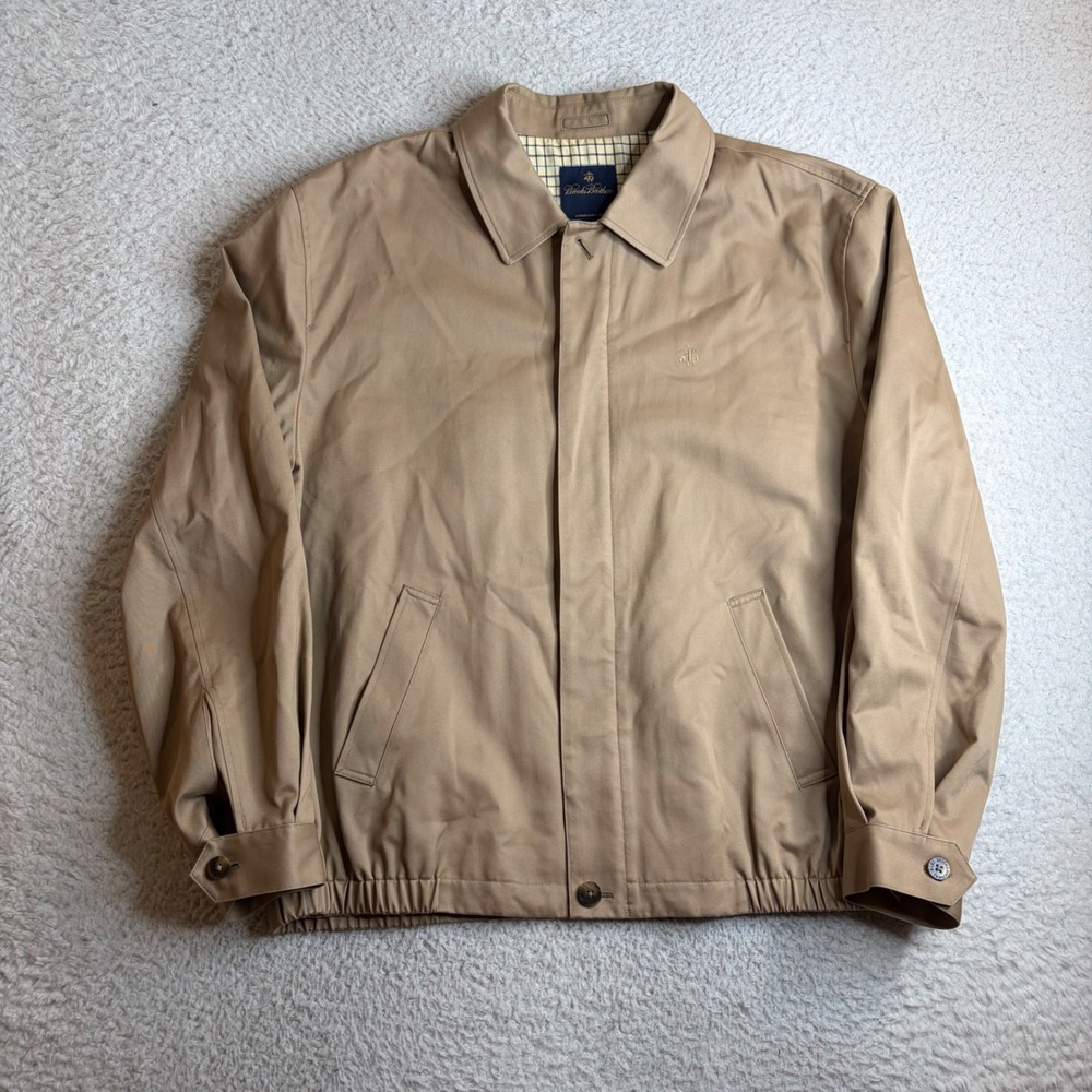 Brooks Brothers Mens XL Tan Cotton Harrington Jacket Plaid Lined Full Zip Khaki